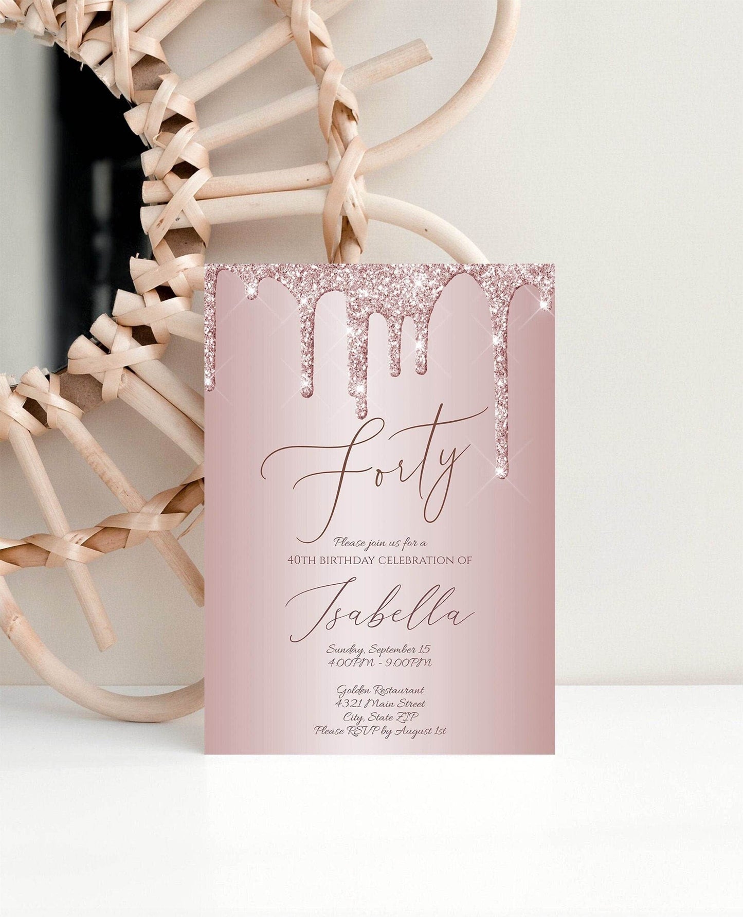 Printable Rose Gold 40th Birthday Invitation Template, Editable Glitter Modern Digital Invite, Email Text Message, Instant Download
