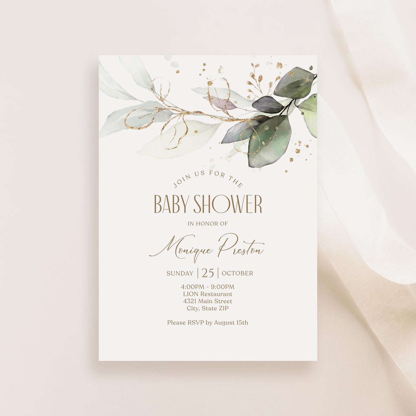 Editable Baby Shower Invitation Card Template, Greenery Boy Girl Baby Shower Invite, Printable Greenery Gold Leaves Baby Brunch Email Evite
