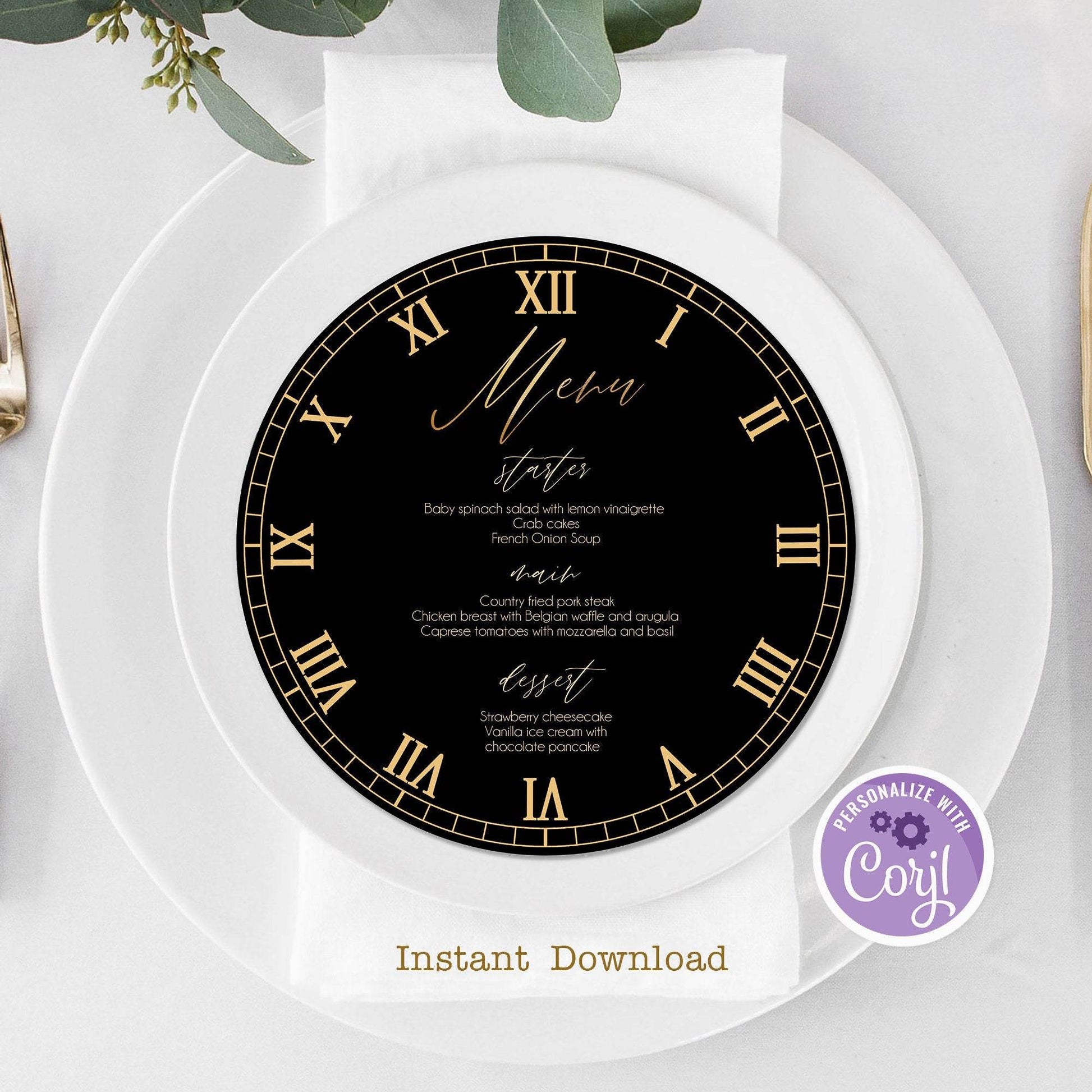 Black Round Wedding Clock Menu – Editable Gold Circle Wedding Menu Template | Printable Dinner Menu | Instant Download DIY