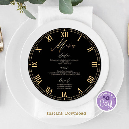 Black Round Wedding Clock Menu – Editable Gold Circle Wedding Menu Template | Printable Dinner Menu | Instant Download DIY