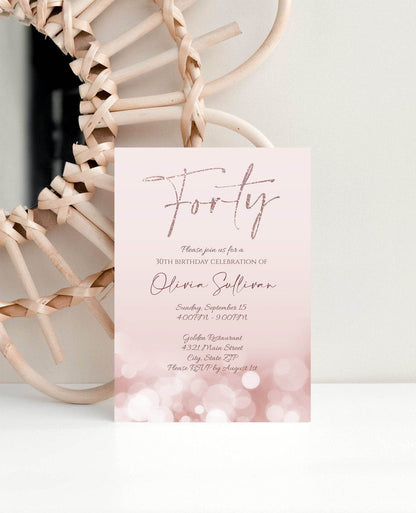 Printable Rose Gold Glitter 40th Birthday Invitation Template, Editable Hello Forty Invite, 5x7 Modern Digital Download, Text Message Evite