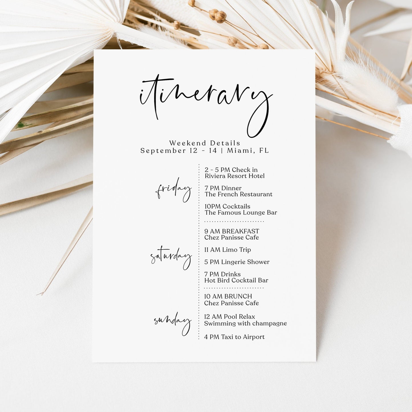 Minimalist Itinerary Template | Printable & Editable Weekend Schedule | Elegant Bachelorette or Birthday Itinerary | Digital Download