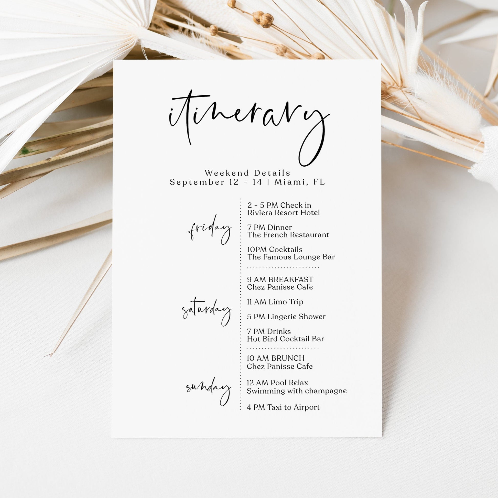 Minimalist Itinerary Template | Printable & Editable Weekend Schedule | Elegant Bachelorette or Birthday Itinerary | Digital Download