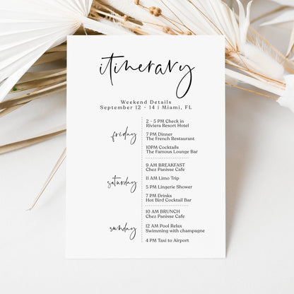 Minimalist Itinerary Template | Printable & Editable Weekend Schedule | Elegant Bachelorette or Birthday Itinerary | Digital Download