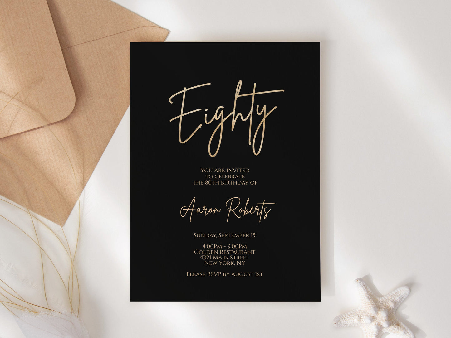 Printable Eighty 80th Birthday invitation template, Editable Black Gold Foil Birthday Invite, 5x7 Digital Card Template, Email Text Message