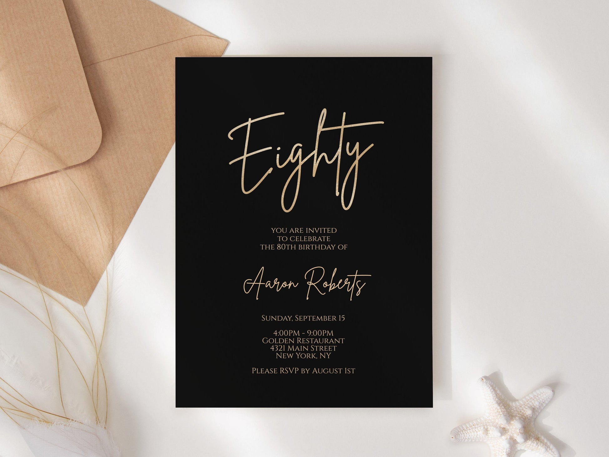 Printable Eighty 80th Birthday invitation template, Editable Black Gold Foil Birthday Invite, 5x7 Digital Card Template, Email Text Message