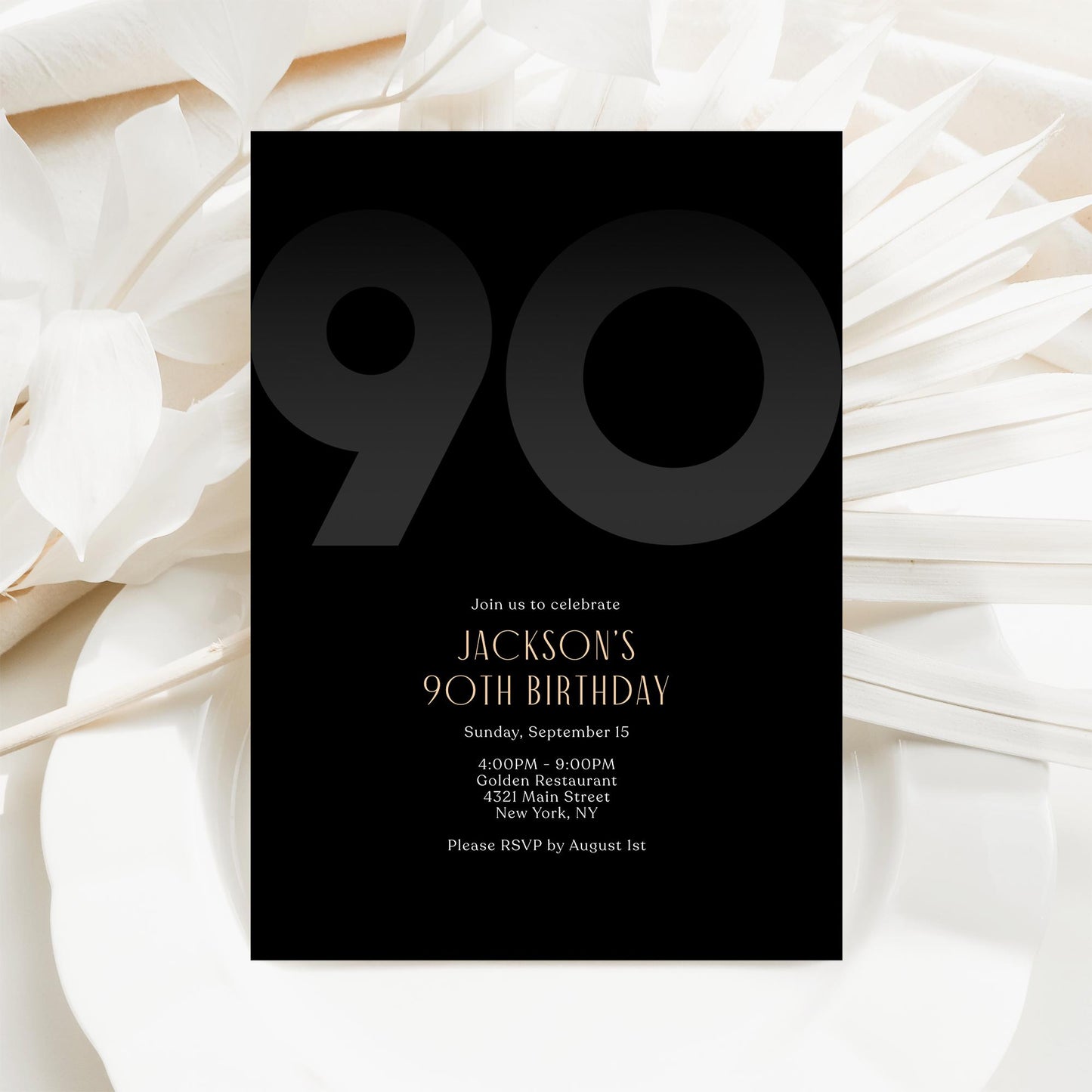 Black 90th Birthday Invitation Template | Editable Modern Men's Party Invite | Elegant Printable Ninety Birthday Card | Instant Download