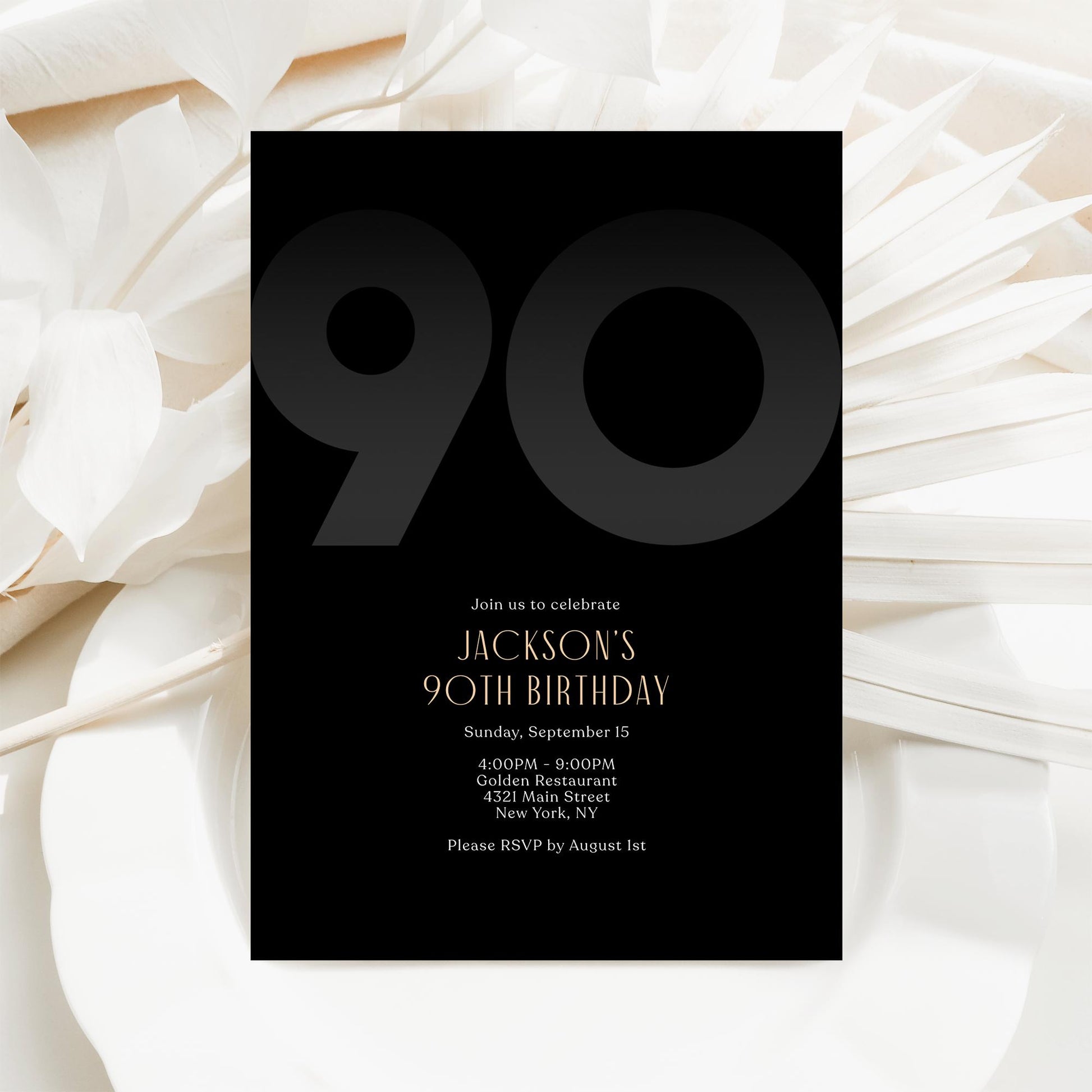 Black 90th Birthday Invitation Template | Editable Modern Men's Party Invite | Elegant Printable Ninety Birthday Card | Instant Download
