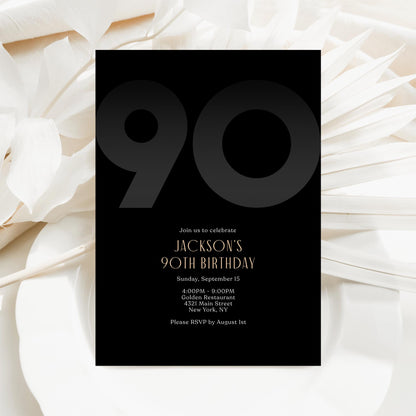 Black 90th Birthday Invitation Template | Editable Modern Men's Party Invite | Elegant Printable Ninety Birthday Card | Instant Download