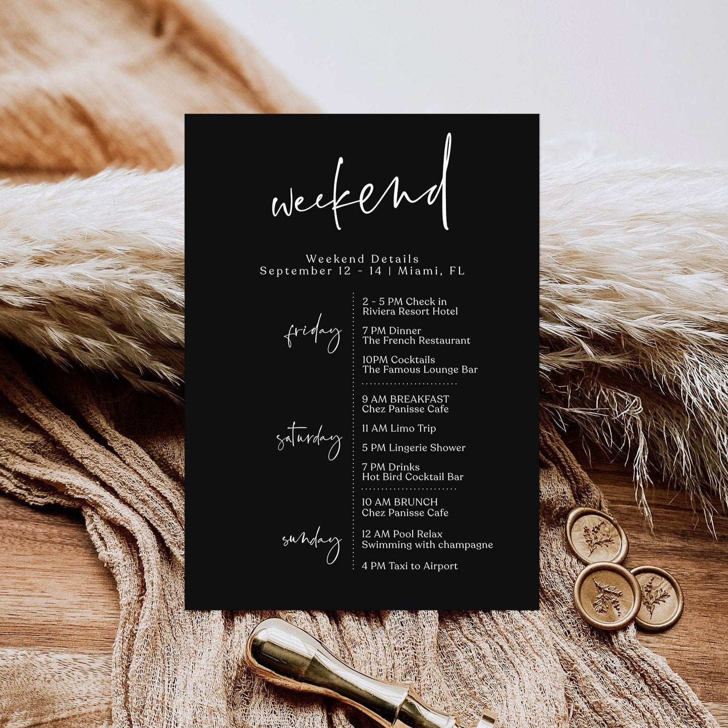 Editable Black Weekend Itinerary Template | Minimalist Printable Bachelorette & Birthday Schedule | Simple Hens Party Itinerary | Instant Download