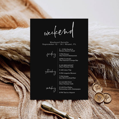 Editable Black Weekend Itinerary Template | Minimalist Printable Bachelorette & Birthday Schedule | Simple Hens Party Itinerary | Instant Download