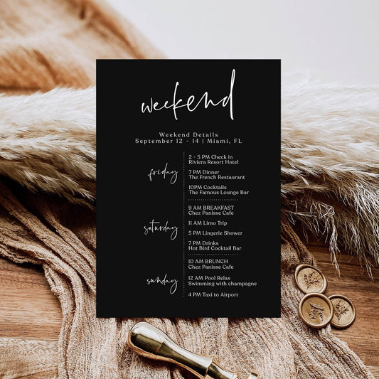 Editable Black Weekend Itinerary Template | Minimalist Printable Bachelorette & Birthday Schedule | Simple Hens Party Itinerary | Instant Download