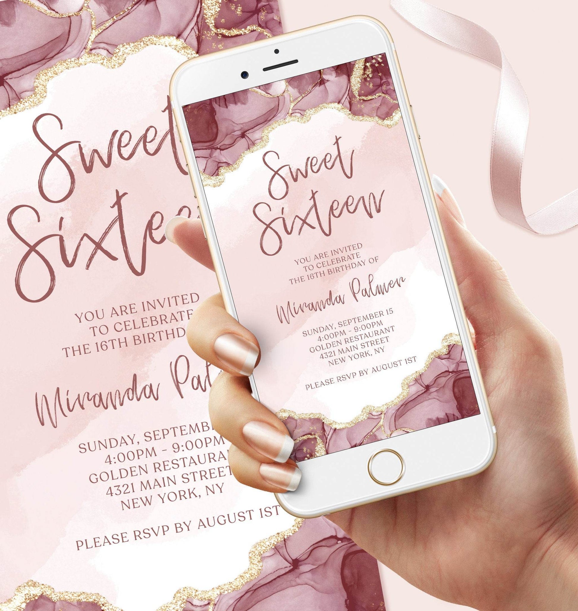 Sweet 16 Birthday Invitation Template | Pink Digital Editable Invite | Text Message Evite | Custom Mobile Phone Invitation | Instant Download