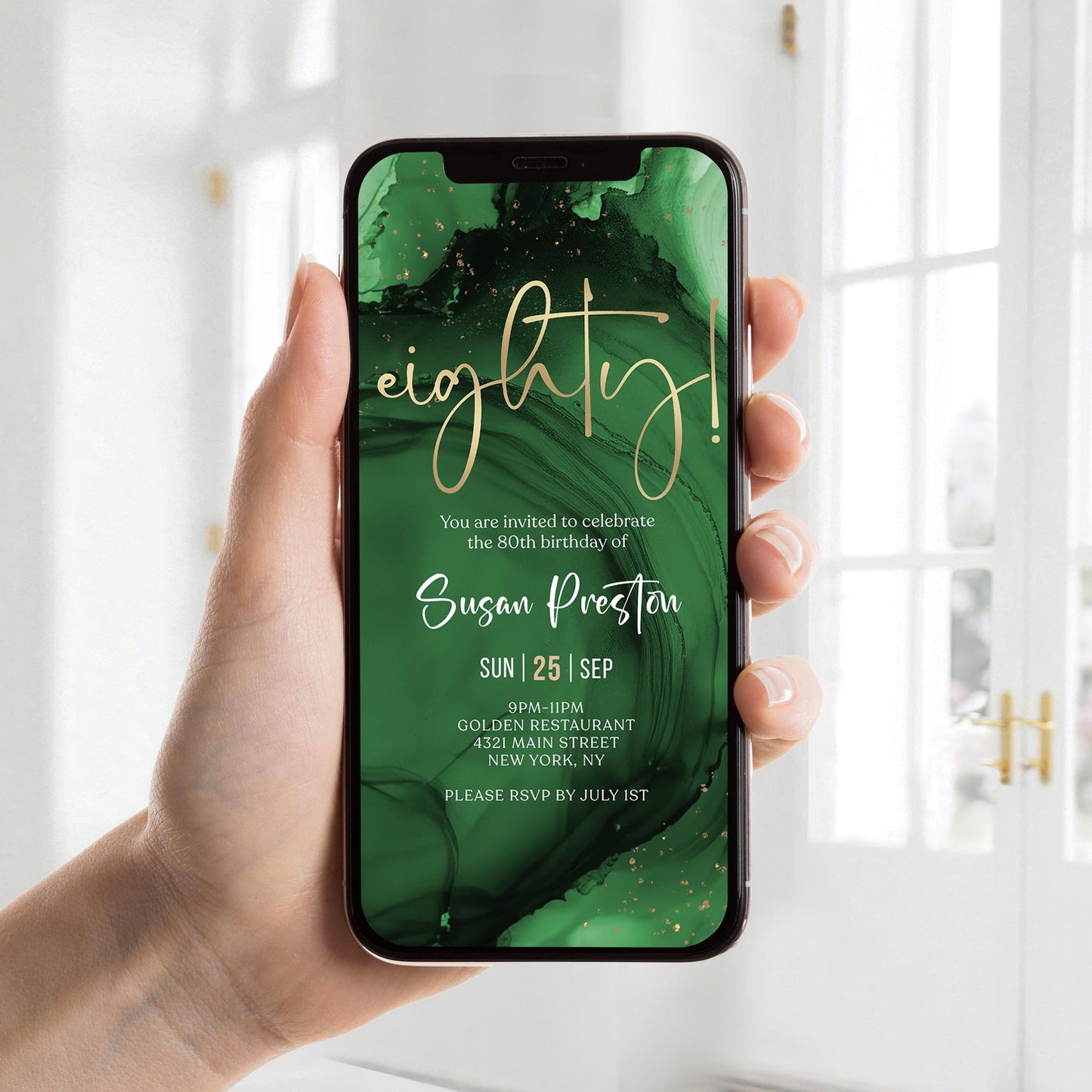 Green Emerald Gold 80th Birthday Invitation Template, Digital Birthday Invite Card, Editable Electronic Evite, Email & Text Message, Instant Download