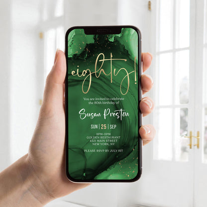 Green Emerald Gold 80th Birthday Invitation Template, Digital Birthday Invite Card, Editable Electronic Evite, Email & Text Message, Instant Download