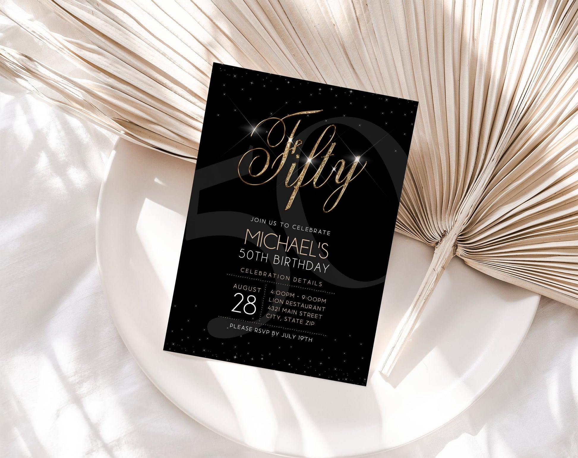 Printable 50th Fifty Birthday Invitation Template, Fifty Birthday Party, Black Gold Men Birthday Invitation, Editable Luxury Invite Download
