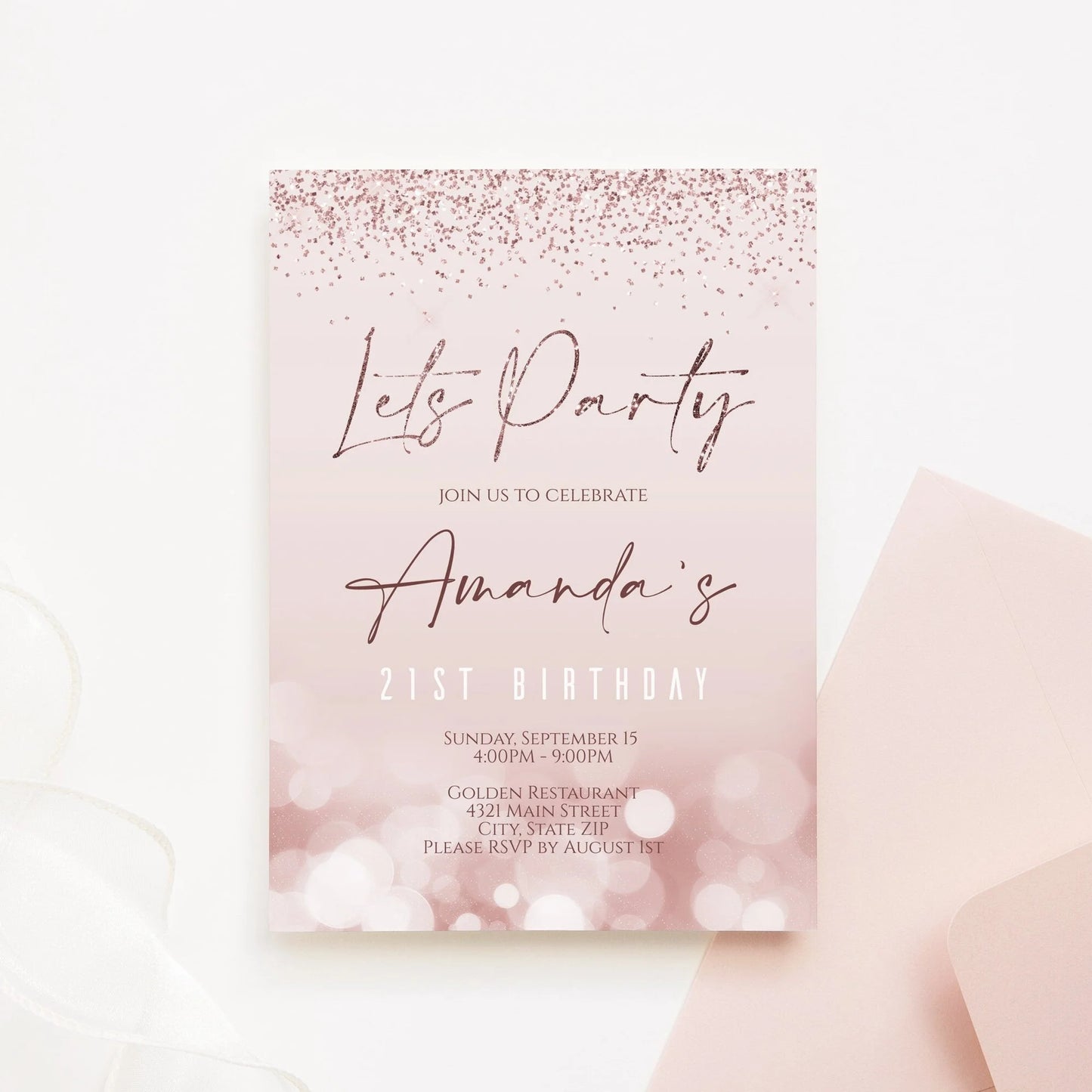 Printable Let's Party Invitation Template, Editable 21st Birthday Invite Any Celebration Invitation, Rose Gold Glitter, Instant Download 5x7
