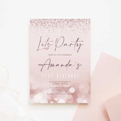 Printable Let's Party Invitation Template, Editable 21st Birthday Invite Any Celebration Invitation, Rose Gold Glitter, Instant Download 5x7