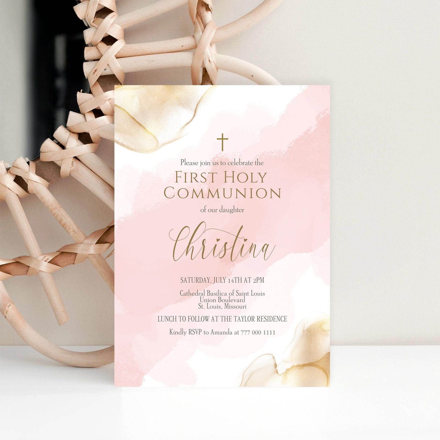 Girl First Communion Invitation Template, Printable Pink Gold Watercolor First Holy Communion Invite, Editable Card, Digital Text Evite Download