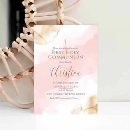 Girl First Communion Invitation Template, Printable Pink Gold Watercolor First Holy Communion Invite, Editable Card, Digital Text Evite Download