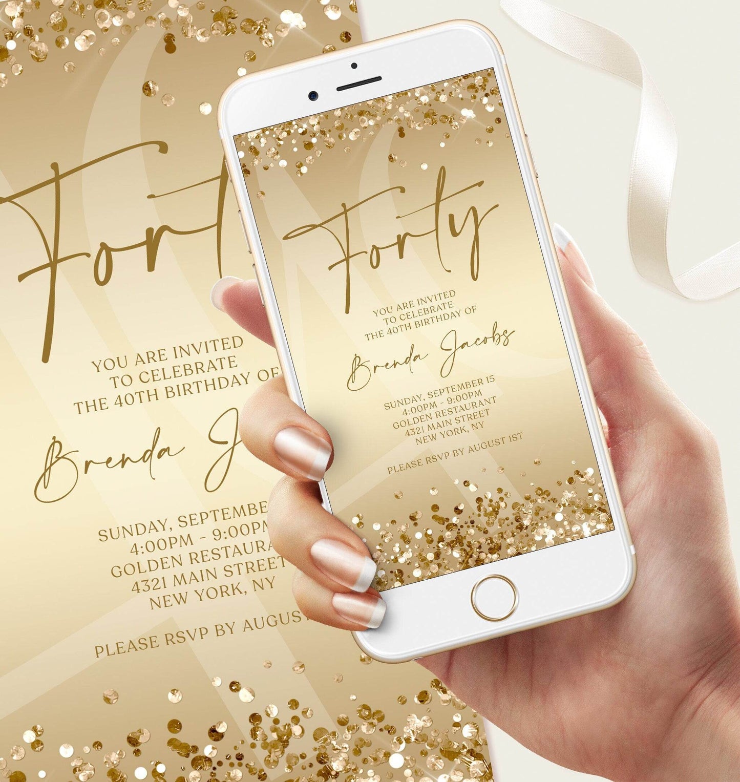 40th Birthday Invitation Template | Gold Confetti Digital Invite | Editable Forty Birthday Evite | Text Message or Email | Instant Download