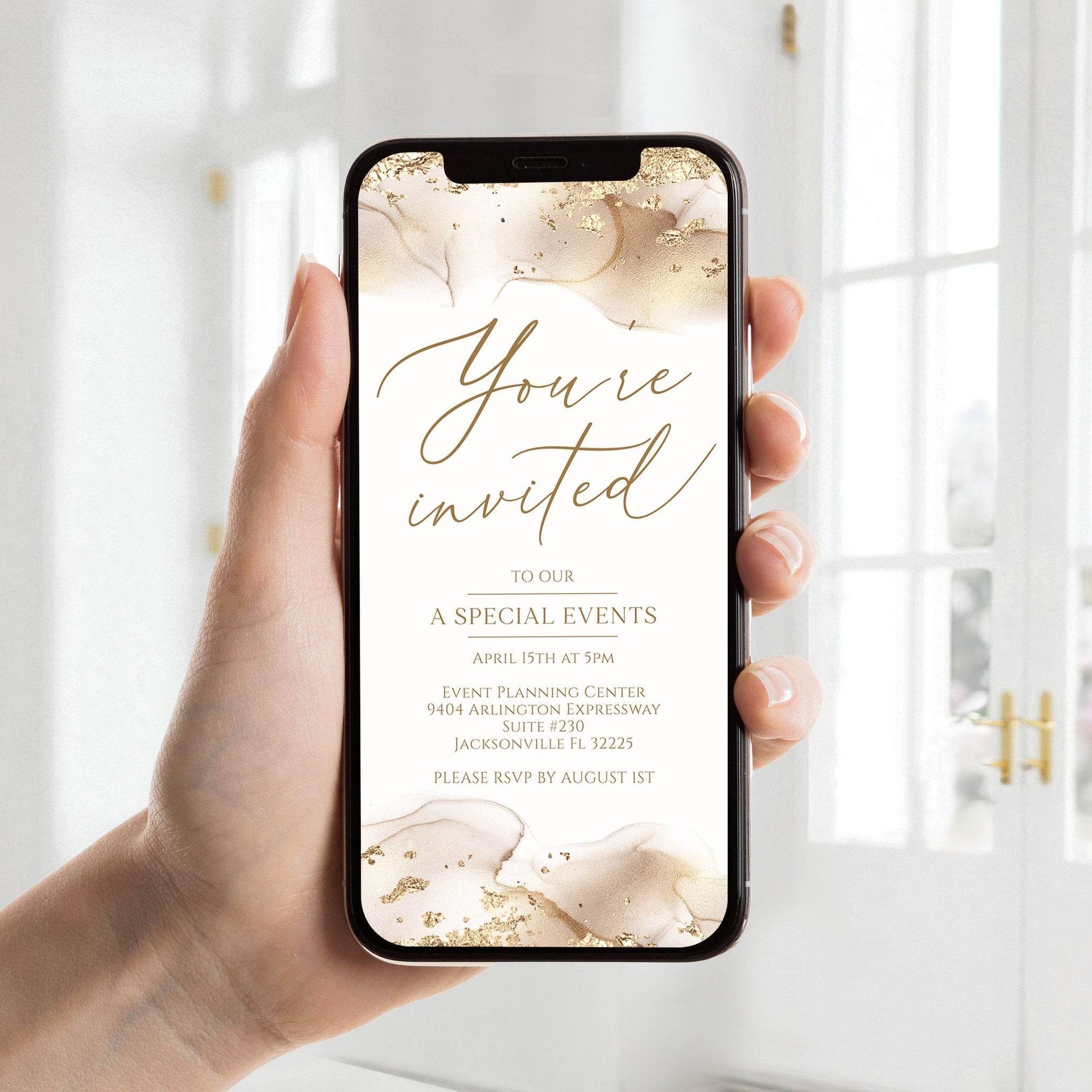Gold You're Invited Digital Invitation Template, Editable Luxury Invite, Printable Electronic Evite, Text or Email Event Invitation