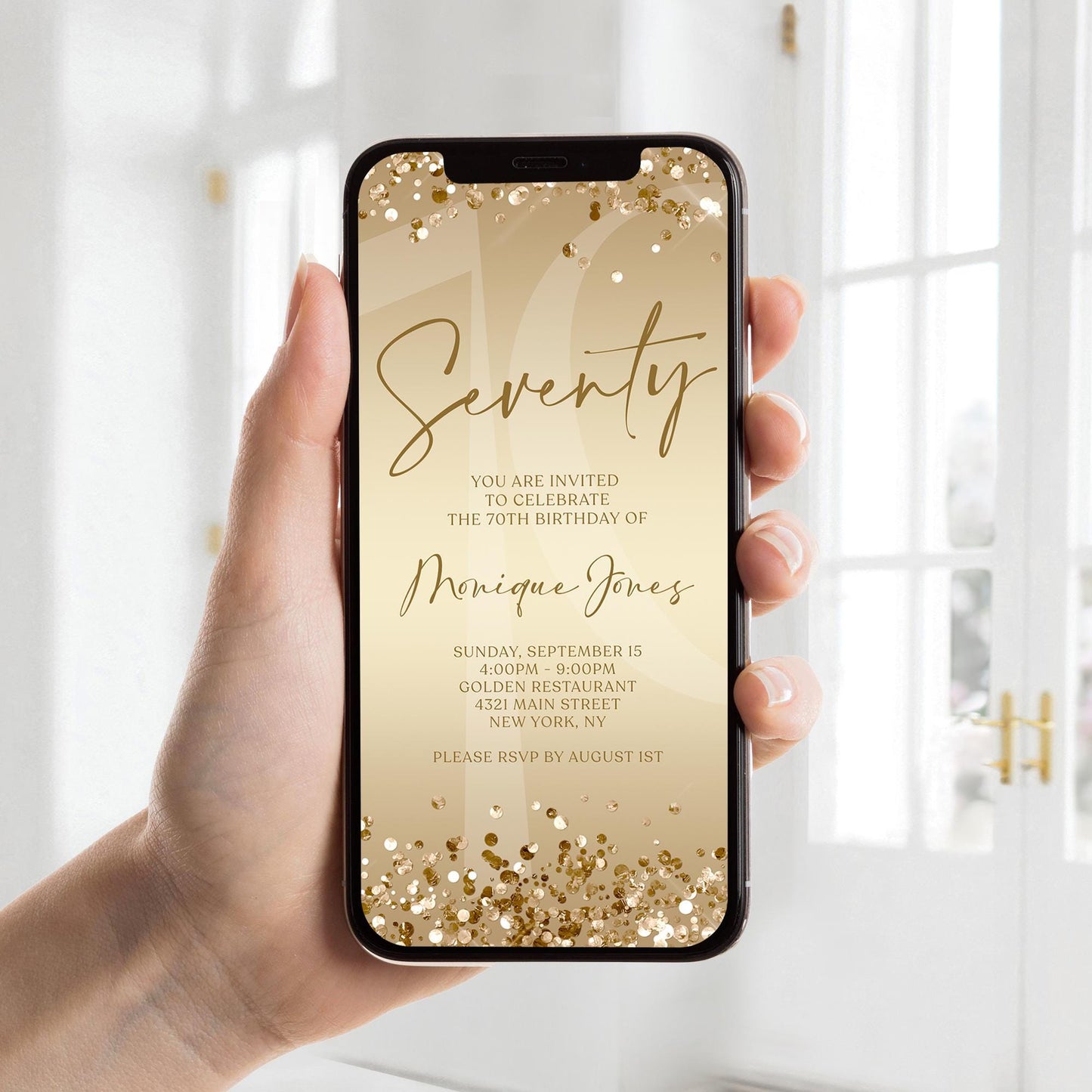 Gold 70th Seventy Invite Digital Template, Electronic Gold Birthday Invitation, Gold Confetti 70th Birthday, Editable Text Message Evite
