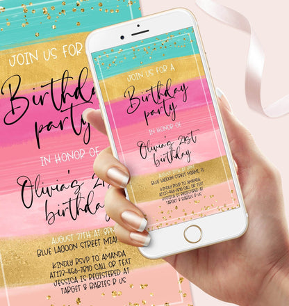 Electronic Girl Birthday Invitation, Editable Rainbow Gold Digital Evite, Any Age Text Message Birthday Invite, Instant Download Template