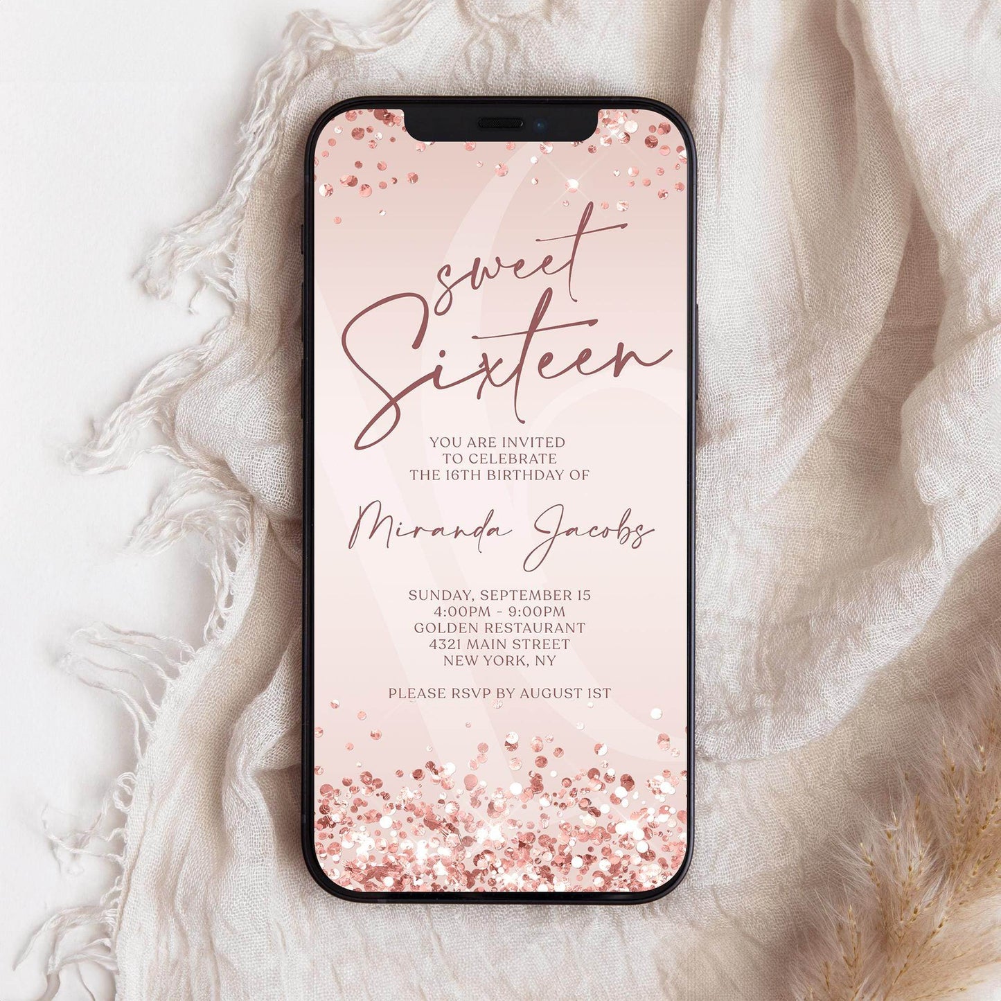 Sweet Sixteen Invite Digital, Rose Gold 16th Birthday Party Invitation Template, Editable Pink Electronic Evite, Text Message Instant Download