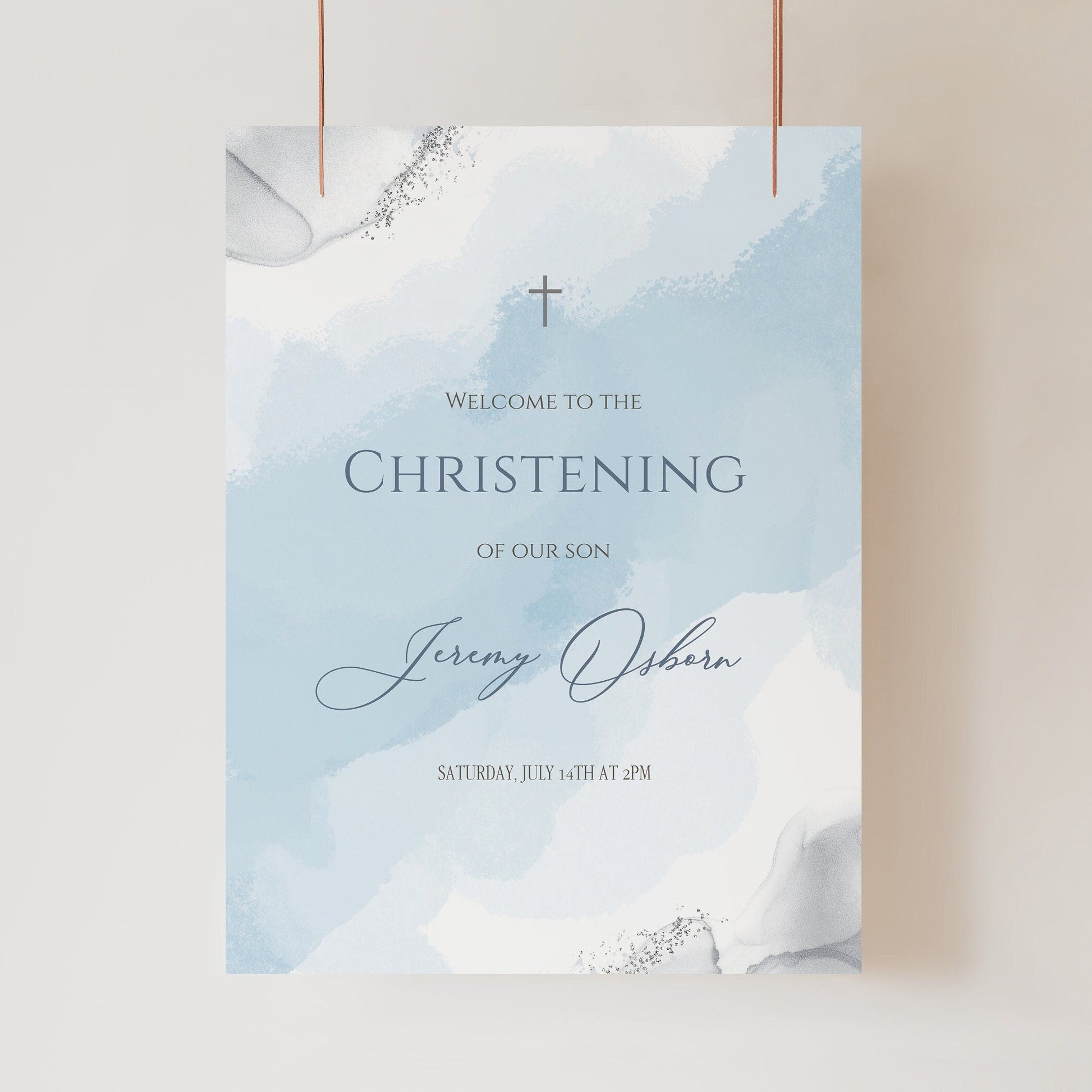 Blue Silver Christening Welcome Sign Template, Boy Christening Welcome Poster, Printable Welcome Sign, Editable Blue Watercolor Decoration