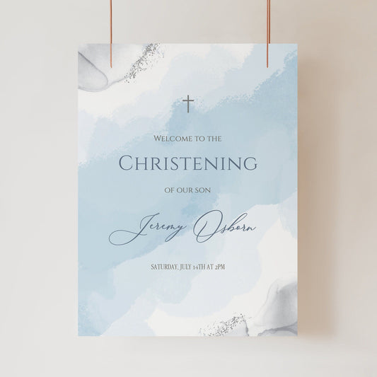 Blue Silver Christening Welcome Sign Template, Boy Christening Welcome Poster, Printable Welcome Sign, Editable Blue Watercolor Decoration