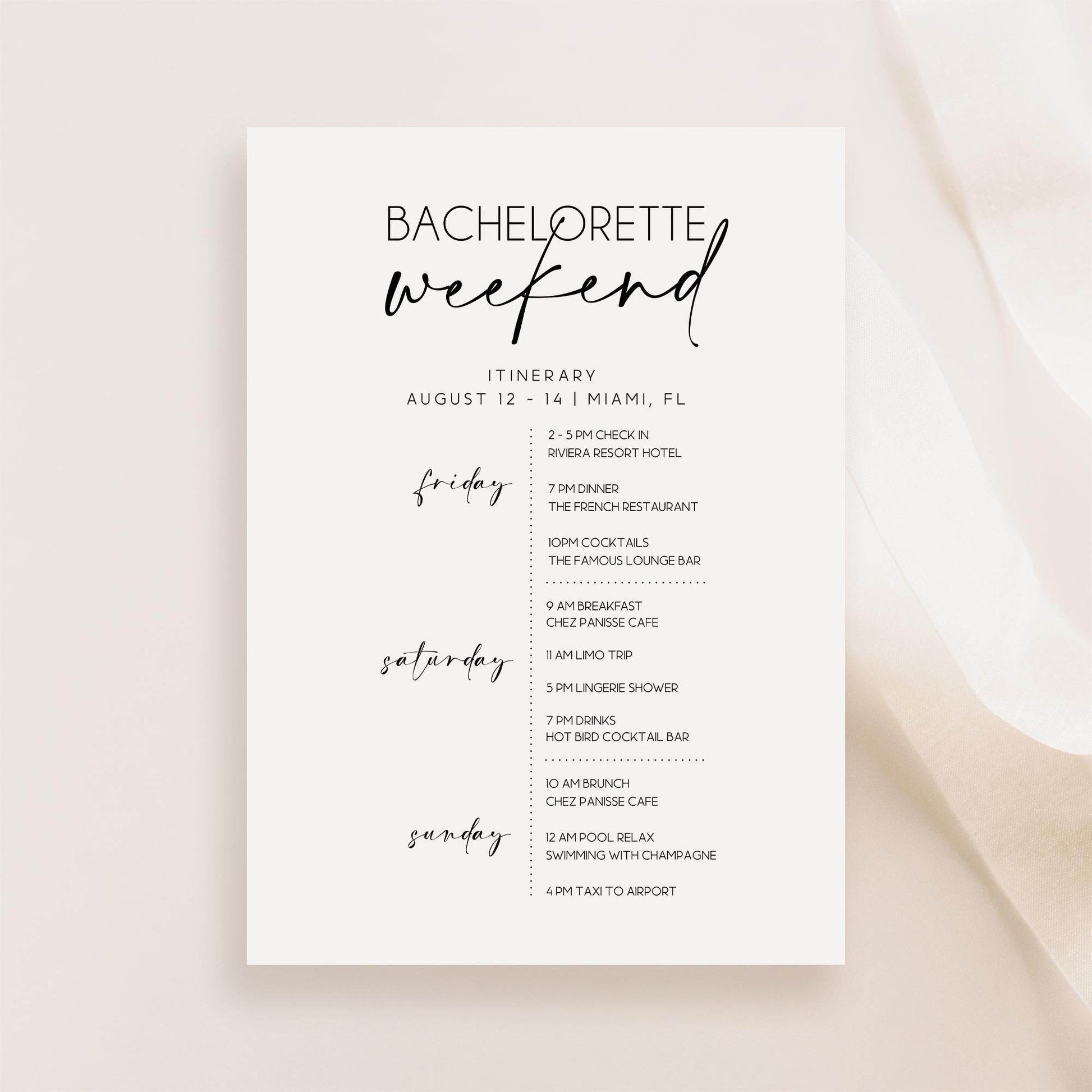 Editable Minimalist Bachelorette Party Invitation & Itinerary Template, Printable Modern Bachelorette Weekend Schedule, Digital Text Message Invite, Instant Download