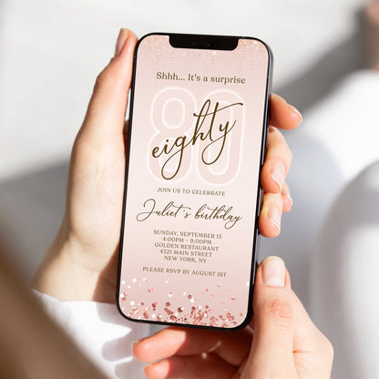 Digital Shhh it's a surprise 80th eighty text invitation template, Rose Gold Electronic Editable invite, Text Message Evite, Women Birthday Invite