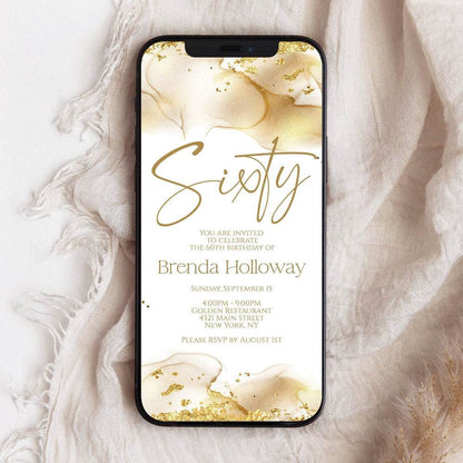 Digital Sixty Gold Foil 60th Birthday Invitation Template – Electronic Text Message Invite | Phone Digital Invitation | DIY Evite | Instant Download