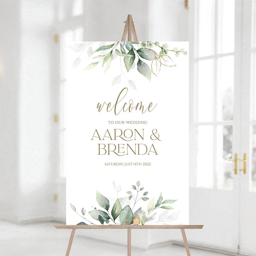 Printable Wedding Welcome Sign, Editable Greenery Eucalyptus Gold Foil Leaves Welcome Sign Template, 24x36 Custom Wedding Welcome Board, Instant Download