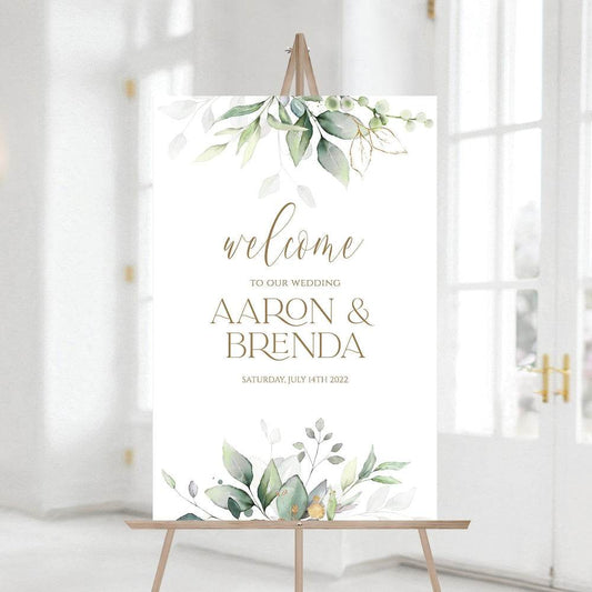 Printable Wedding Welcome Sign, Editable Greenery Eucalyptus Gold Foil Leaves Welcome Sign Template, 24x36 Custom Wedding Welcome Board, Instant Download