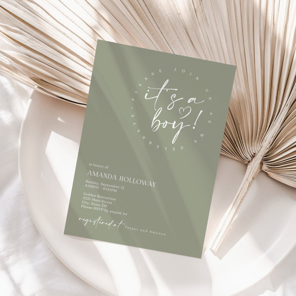 Minimalist Green Baby Shower Invitation – Editable Digital Evite, It’s a Boy Baby Shower Invite – Sage Green Corjl Template, Boho Baby Shower Invitation for Boy – Mobile Text Format, Editable Baby Shower Card – Minimal Green Design, Digital Baby Shower Invitation – Greenery for Boy, Customizable It's a Boy Invitation – Instant Download, Modern Baby Shower Evite – Sage Green for Boy, Text Message Baby Shower Invite – Editable Green Template