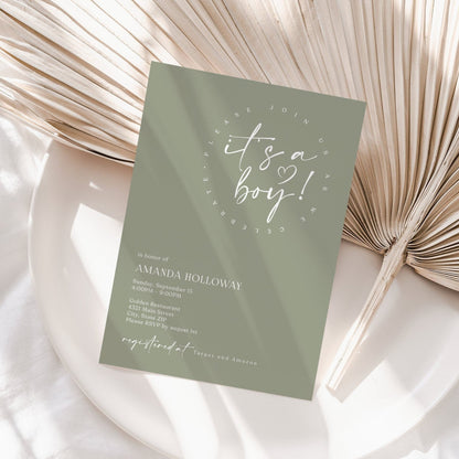 Minimalist Green Baby Shower Invitation – Editable Digital Evite, It’s a Boy Baby Shower Invite – Sage Green Corjl Template, Boho Baby Shower Invitation for Boy – Mobile Text Format, Editable Baby Shower Card – Minimal Green Design, Digital Baby Shower Invitation – Greenery for Boy, Customizable It's a Boy Invitation – Instant Download, Modern Baby Shower Evite – Sage Green for Boy, Text Message Baby Shower Invite – Editable Green Template