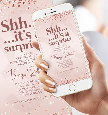 Digital Pink Shhh It’s a Surprise Birthday Invitation, Editable 30th Birthday Text Message Evite, Any Age Electronic Invite, Instant Download