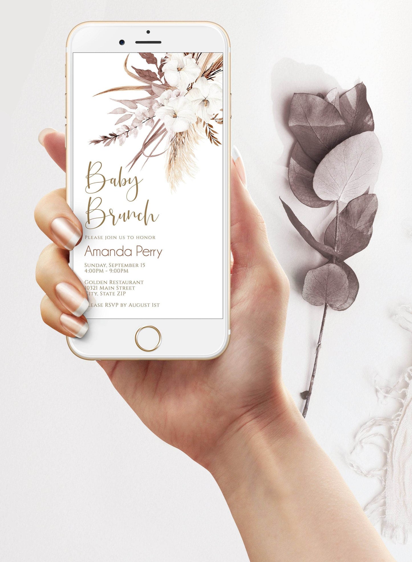 Digital Boho Baby Brunch Evite Invitation, Electronic Baby Shower Invitation, Text Message Invitation, Editable Template, Instant Download