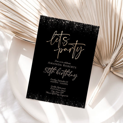 Lets Party Printable Birthday Invitation Template, Any Age Birthday Party Invite, Editable Black Gold Birthday Party Invitation, Digital 5x7