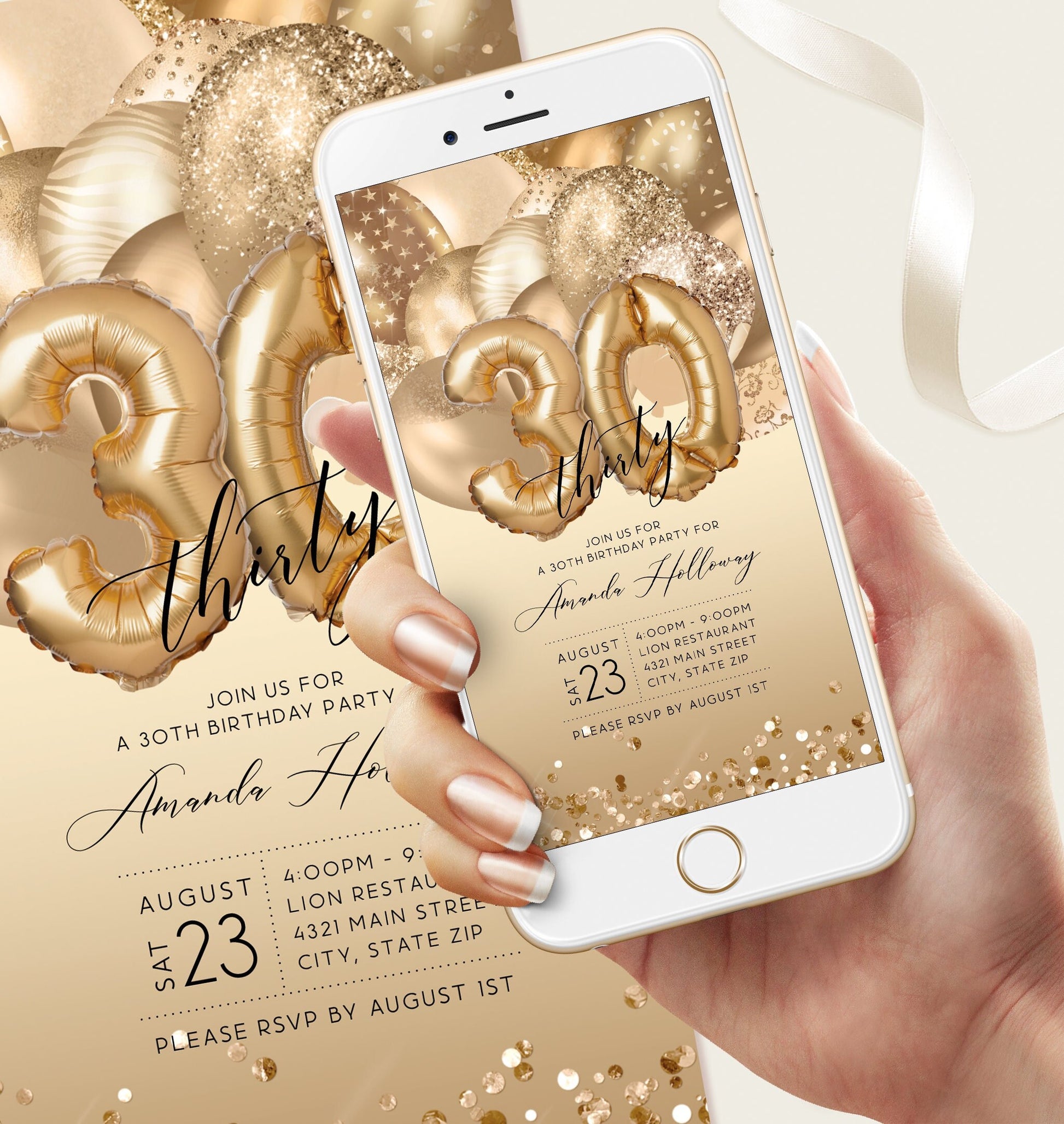 Digital Thirty 30th Birthday Electronic Invite, Editable Invite, Gold Balloons, Text Message Evite, Custom Mobile Invitation, DIY Template