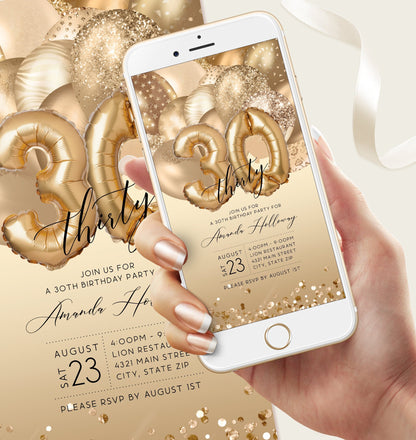 Digital Thirty 30th Birthday Electronic Invite, Editable Invite, Gold Balloons, Text Message Evite, Custom Mobile Invitation, DIY Template