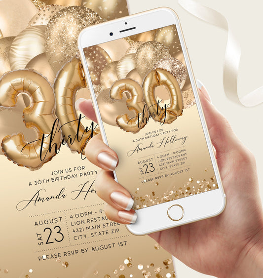 Digital Thirty 30th Birthday Electronic Invite, Editable Invite, Gold Balloons, Text Message Evite, Custom Mobile Invitation, DIY Template