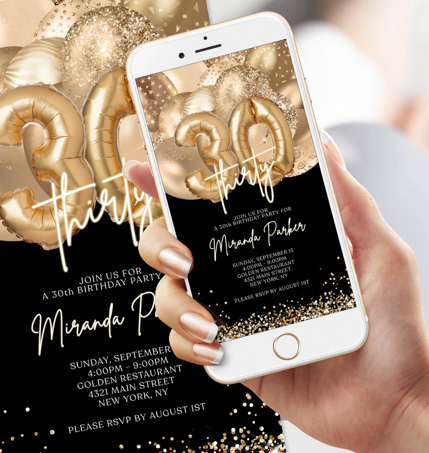 Digital Black Gold 30th Birthday Invitation | Editable Gold Balloons Evite | Electronic Text Message Invite | Custom Mobile Corjl Template