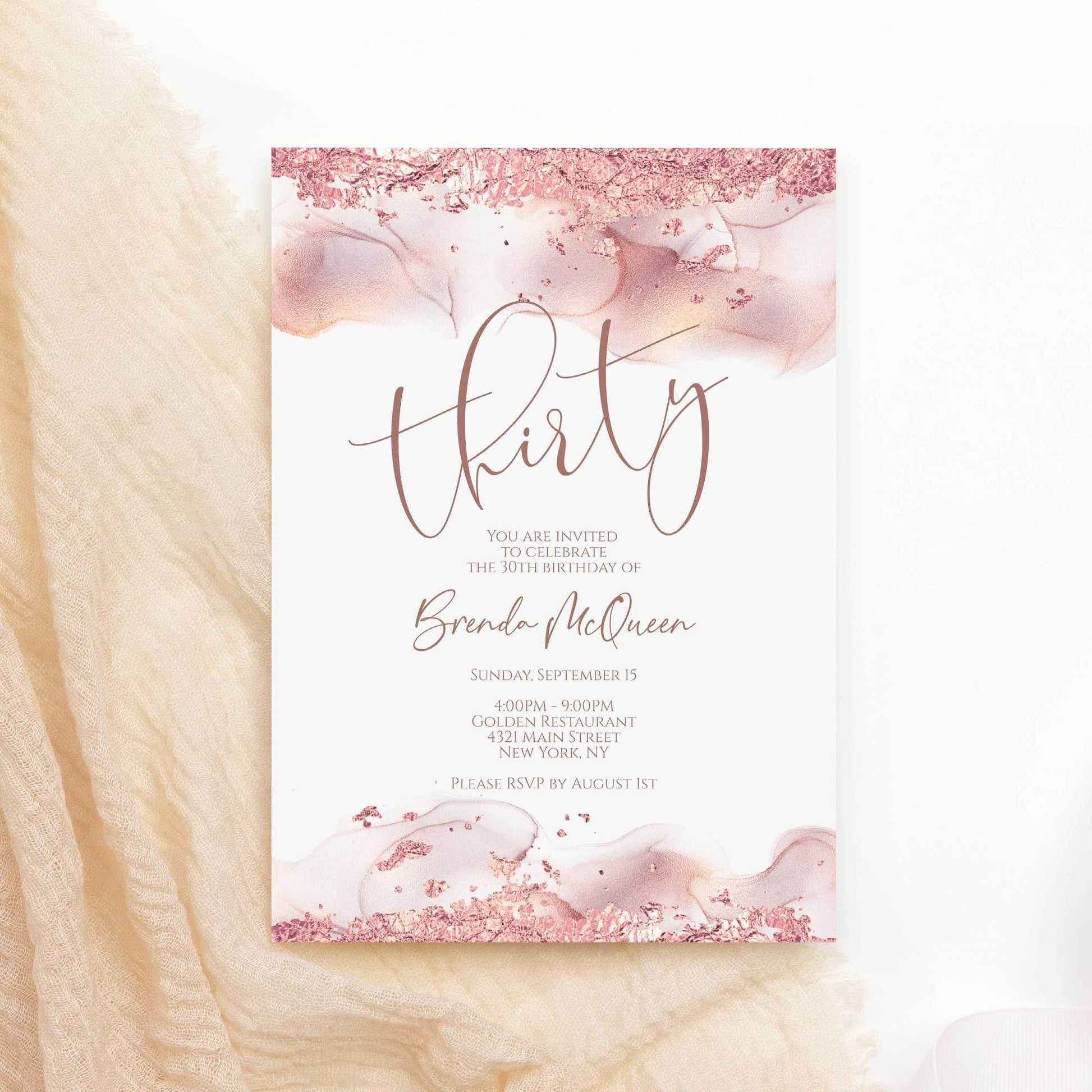 Rose Gold Thirty Invitation Template – Printable Editable 30th Birthday Card – Rose Gold Foil Birthday Invite – Digital Email & Text Message – Instant Download Invite, Email Text Message, Instant Download