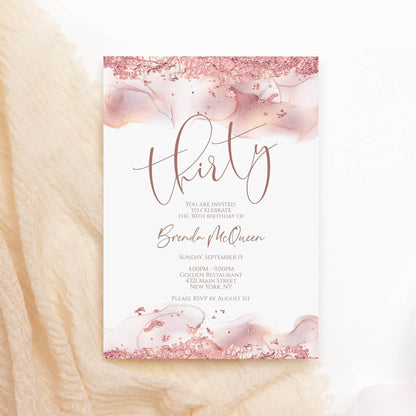 Rose Gold Thirty Invitation Template – Printable Editable 30th Birthday Card – Rose Gold Foil Birthday Invite – Digital Email & Text Message – Instant Download Invite, Email Text Message, Instant Download