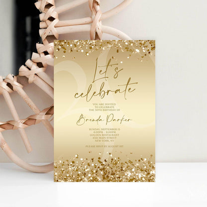 Let’s Celebrate Gold Birthday Invitation Template, Printable Confetti Invite, Editable Any Age Text Message Birthday Evite, Instant Download