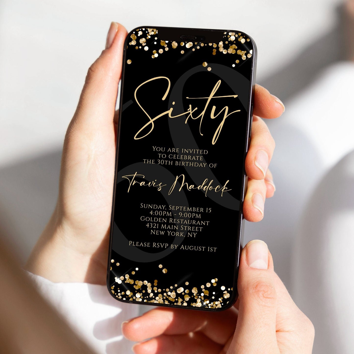 Digital Black Gold Sixty 60th Birthday Invitation Template, Electronic Birthday Invite, Editable Text Message Evite, Modern Black Invitation