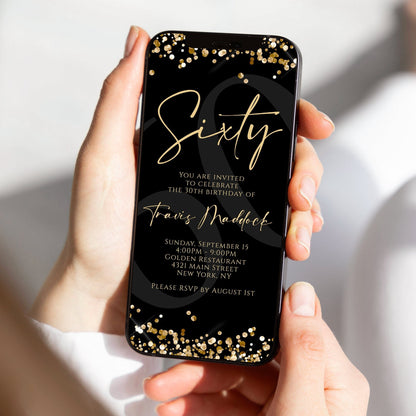 Digital Black Gold Sixty 60th Birthday Invitation Template, Electronic Birthday Invite, Editable Text Message Evite, Modern Black Invitation